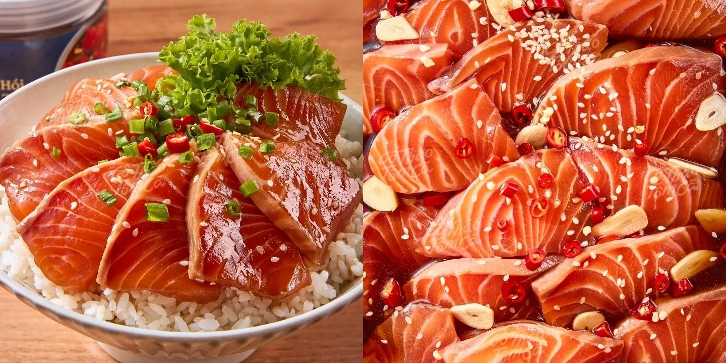 Cơm trộn c&aacute; hồi ng&acirc;m tương v&agrave;ng &oacute;ng, thơm nức mũi