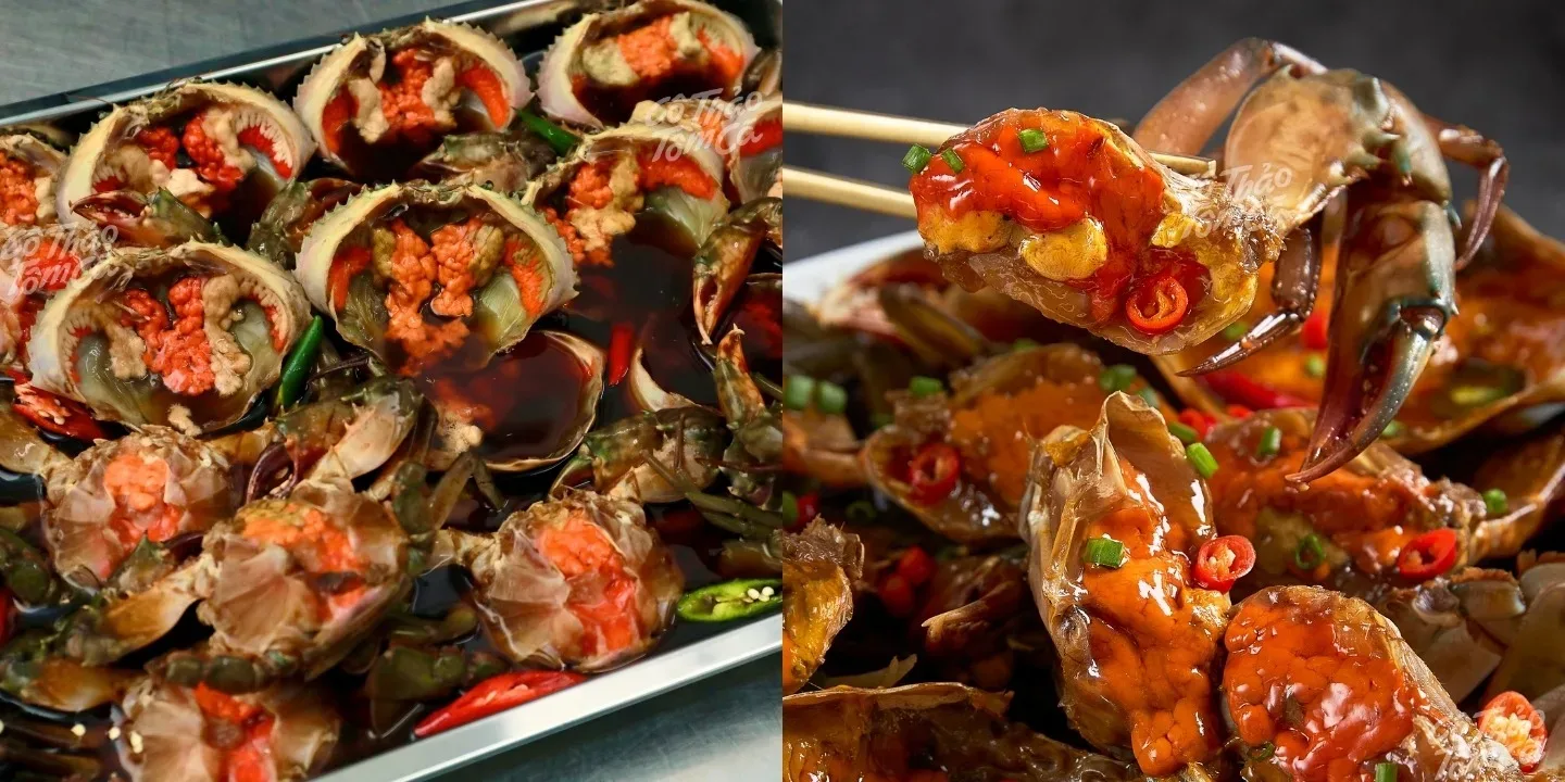 Cua gạch C&agrave; Mau tươi sống với phần yếm cứng, mai xanh đậm, gạch cam tr&agrave;n đầy