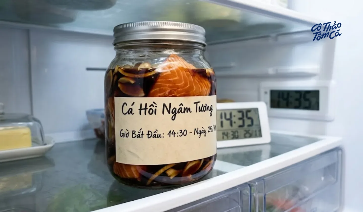 Hộp c&aacute; hồi ngập sốt tương đặt trong ngăn m&aacute;t, d&aacute;n nh&atilde;n giờ bắt đầu ng&acirc;m.