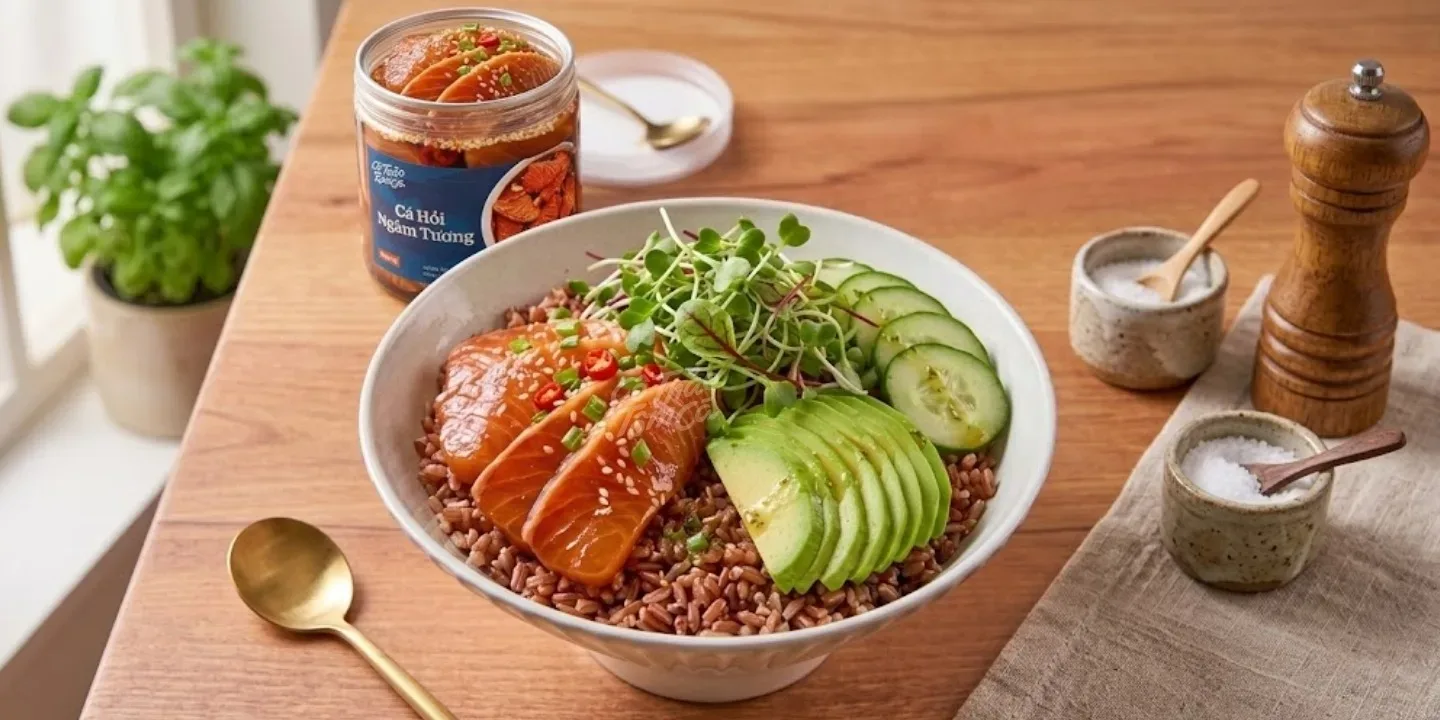 M&oacute;n Poke Bowl đầy m&agrave;u sắc với cơm gạo lứt, c&aacute; hồi ng&acirc;m tương, bơ s&aacute;p v&agrave; rau mầm