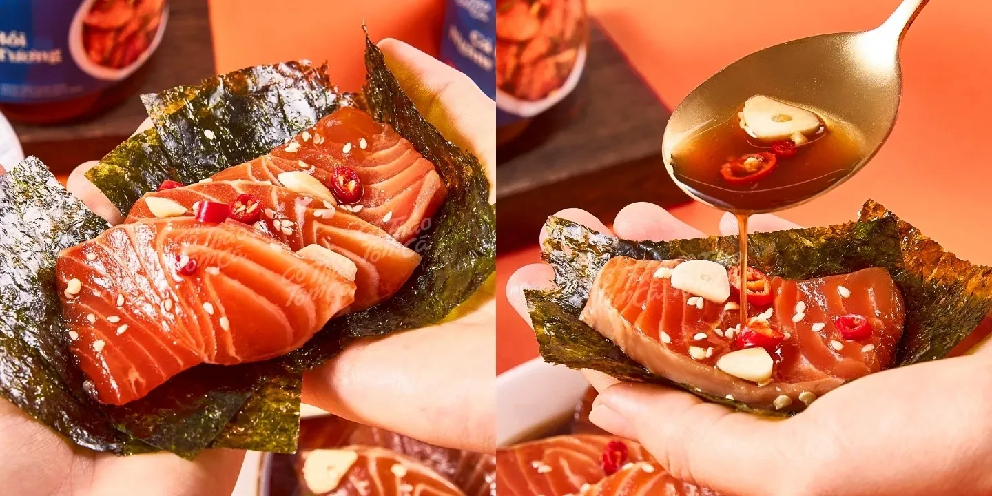 Từng cuốn rong biển &ocirc;m trọn l&aacute;t c&aacute; hồi mọng nước c&ugrave;ng cơm trắng dẻo thơm ngon
